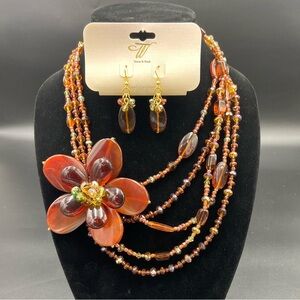 W Stones & Beads Brown and Orange 4” Statement Flower Beaded Necklace & Earrings